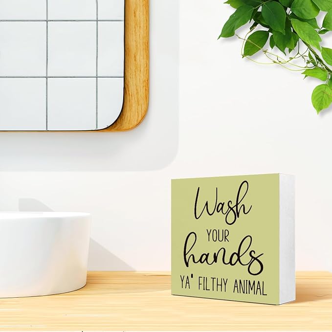 LVQHI Funny Bathroom Wood Block Signs,Wash Your Hands YA' Filthy Animal Wooden Box Sign for Bathroom Shelf Toilet Restroom Home Tabletop Desk Decor,Rustic Bathroom Sign Decor Green