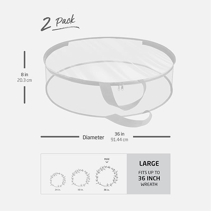 ZOBER 2 Pack Christmas Wreath Storage Container 36 Inch - Wreath Bag for Artificial Wreaths Box - Dual Zippered Wreaths Storage Bag with Durable Stitch Reinforced Handles - White