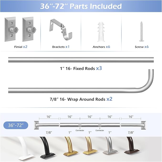 Nickel Wrap Around Curtain Rods:Blackout Heavy Duty Adjustable Window Curtain Rod for Bedroom Kitchen,Modern Decorative Curved French Metal Single Drapery Rod Easy Install,Satin Nickel 36-72"