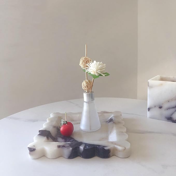 Vintage Natural Marble Tray Small Ornaments Scalloped Tray Handmade Storage Dish for Counter, Vanity, Dresser, Nightstand and Desk (Calacatta Purple)