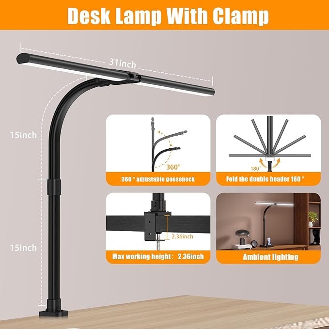 Led Desk Lamp for Home Office,24W Bright Eye-Caring Desk Light with Clamp,5 brightness and 5 temperatures Dimmable Workbench Task Light, Adjustable Gooseneck Table Lamp for Monitor Study(black)