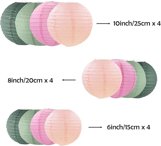 ZOOYOO Sage Green Pink Paper Lanterns,Boho Round Hanging Paper Lanterns Decoration for Birthday,Wedding,Baby Shower,Graduations,Summer Party,Home,Garden Decoration 12PCS