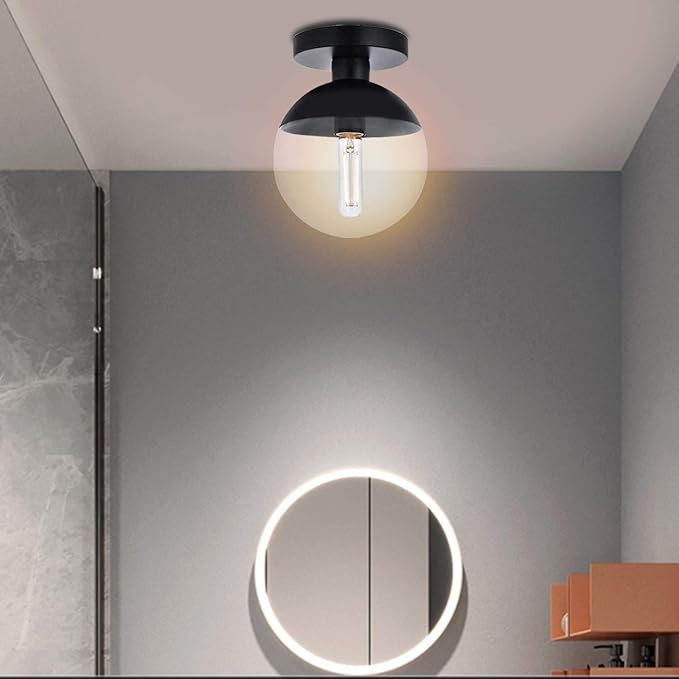 Modern Clear Glass Ceiling Light Fixture with 1-Light, A1A9 Industrial Sphere Glass Chandelier Fitting, E26 LED Semi-Flush Mount Pendant Lights for Kitchen, Bedroom, Bar, Counter, Cafe (Black)