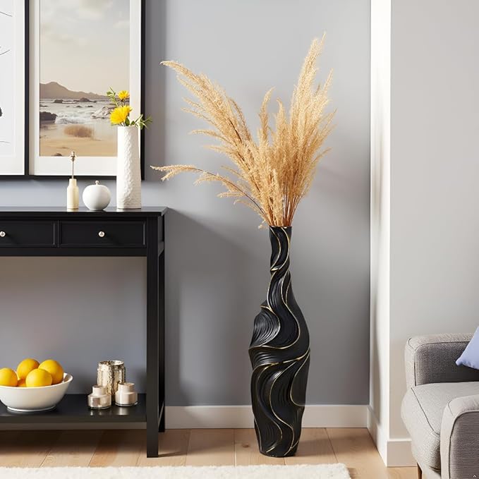 Floor Vase Handmade Resin - 22.83" Tall Brown Vases with Gold Wave Patterns, 6.29" Wide Decorative Tall Floor Vase for Home Decor, Farmhouse & Modern Interior Design