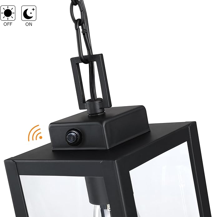 13 Inch Outdoor Pendant Light Dusk to Dawn Hanging Porch Light for Entrance Front Door Photocell Pendant Lights for Porch Dusk to Dawn Hanging Lantern Steel and Glass,E26