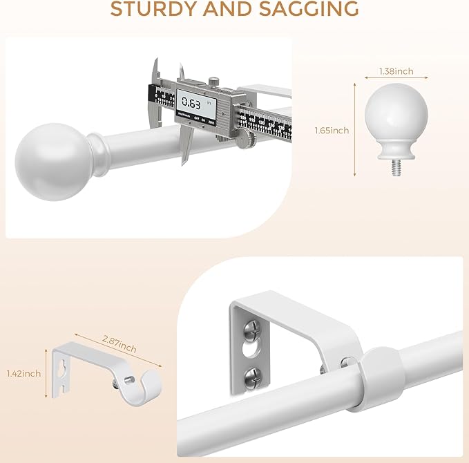 White Curtain Rods 66 to 120 Inches(5.5-10 Feet),5/8 inch Splicing Drapery Rods,Small Curtain Rods Set,Size: 36''-120'', White