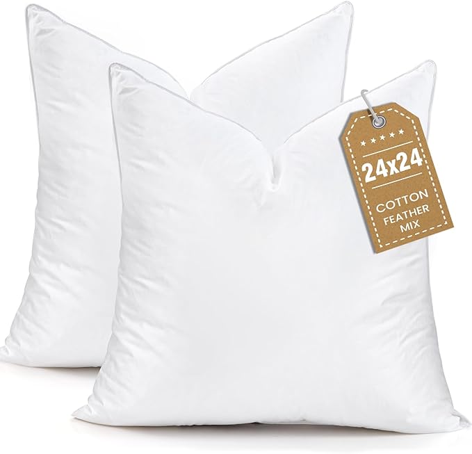 BHZ Euro Throw Pillow Inserts, 24x24 Down Feather Alternative Pillow Inserts Set of 2, Decorative Soft Large Square White Throw Pillows Insert for Couch Bed Dorm Sofa with Cotton Cover