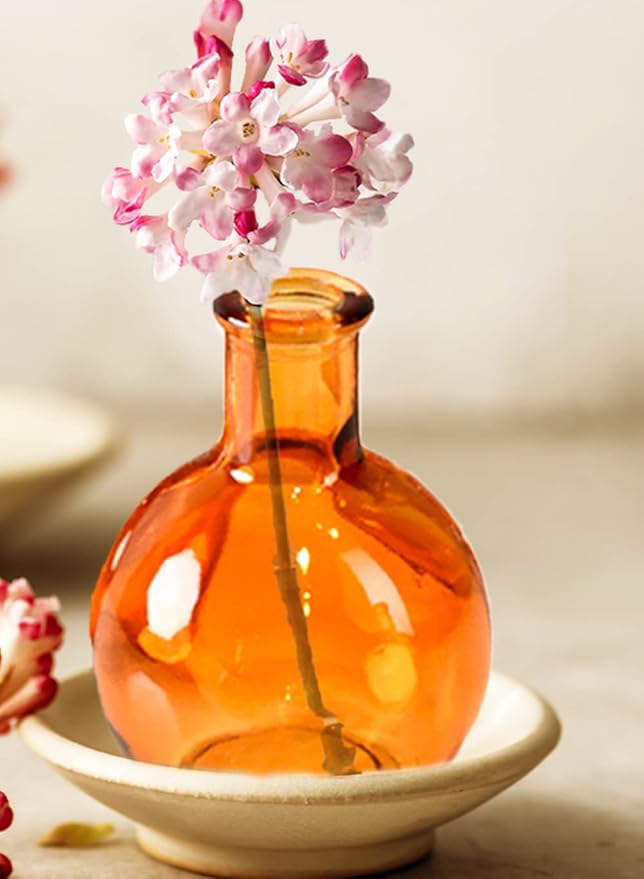 Serene Spaces Living Set of 36 Small Amber Ball Bud Vase, Vintage Glass Bottle Vases for Weddings, Events, Parties, Floral Centerpieces for Home Decor, Measures 3" Diameter & 4" Tall