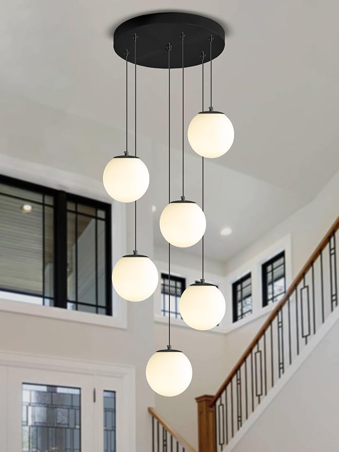6-Light Black Chandelier with White Globe Glass Dimmable Ceiling Light Glass Pendant Light for Kitchen Island, Dining Room, Living Room, Entry Hallway, LED Bulbs Included