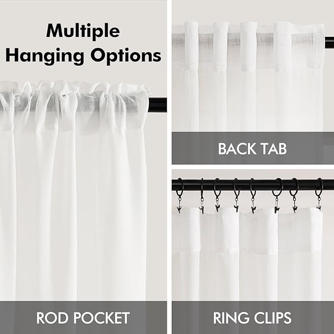 ANRODUO White Semi Sheer Linen Curatins 96 inches Long Back Tab Light Filtering Flax Linen Textured Curtains Modern Farmhouse Coastal Decor for Bedroom Living Room 96 inch Length 2 Panels Set