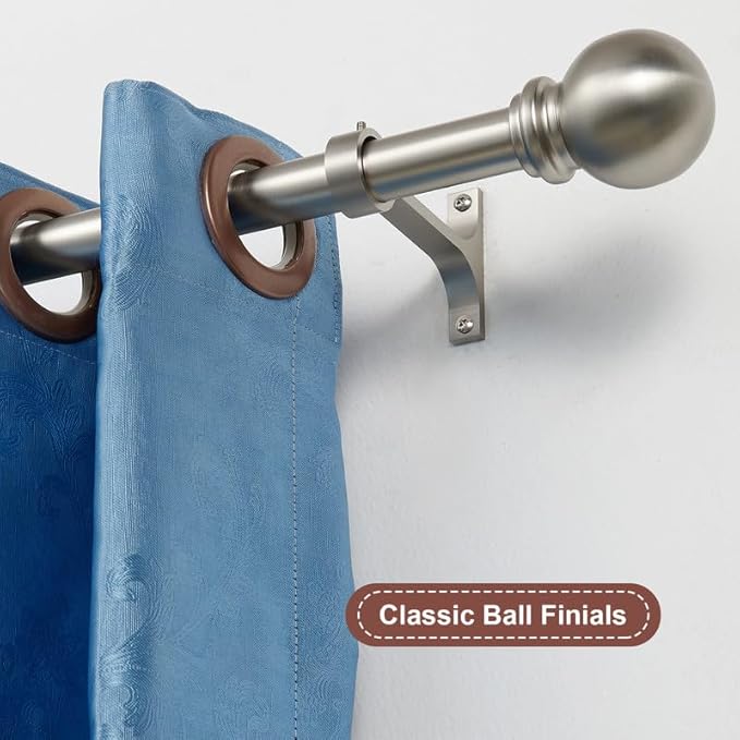 Curtain Rods 2 Pack, Brushed Nickel Curtain Rods for Window 72-144 Inch, Decorative Curtain Rod with Ball Finials, 1 Inch Diameter Heavy Duty Curtain Rod, Adjustable Single Drapery Rod Brushed Nickel