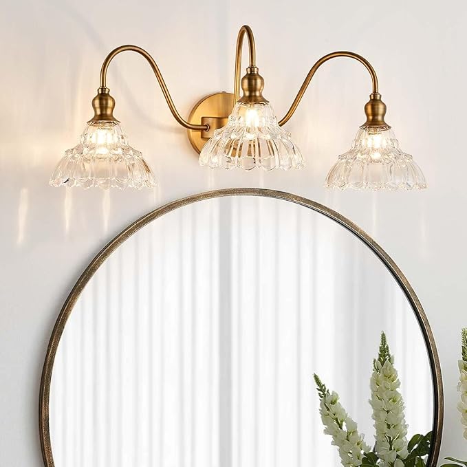 Vintage 3-Light Wall Sconces Modern Brass Bathroom Vanity Lighting Fixtures Glass Retro Vanity Light for Bedroom, Bathroom, Doorway, Foyer, Hallway Light