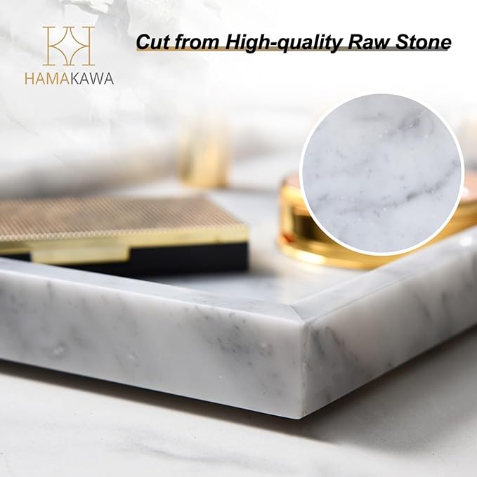 Large Bathroom Vanity Tray, Real Natural Marble Tray 12 inch, Carrara White Stone Toilet Tank Trays, Modern Dresser Trays, Countertop Organizer for Kitchen Counter, Soap Dispenser