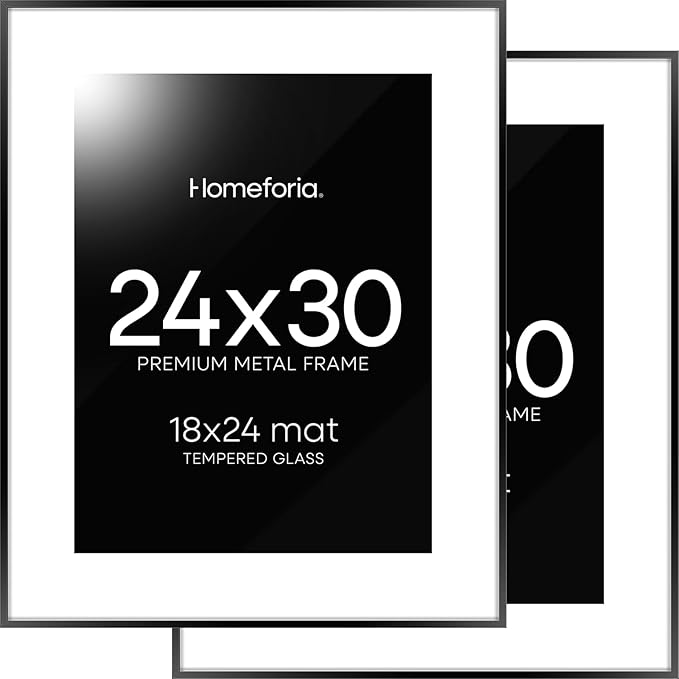 Homeforia 24x30 Poster Frame Black, High End Metal 24 x 30 Picture Frames with Mat 18 by 24 inches Photo, 24x30 Black Frame Matted to 18x24 Print, 30x24 Large Frame, Tempered Glass, Wall Kit, Set of 2