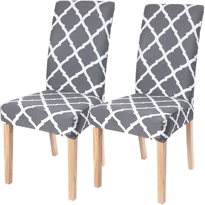 SearchI Dining Room Chair Covers Set of 2, Stretch Geometric Parsons Chair Slipcovers Spandex Removable Washable Kitchen Chair Protector Cover for Dining Room, Hotel, Ceremony (Gray+White)