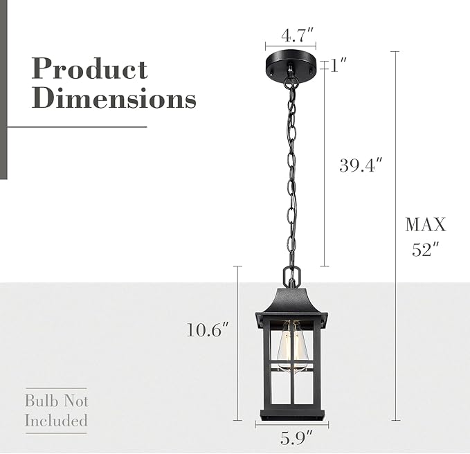 Emliviar 10.6" Dusk to Dawn Outdoor Pendant Light, Black Hanging Porch Light with Clear Glass Shade, Weatherproof Ceiling Lamp for Patio, Auto On/Off, YXE306H-PC BK