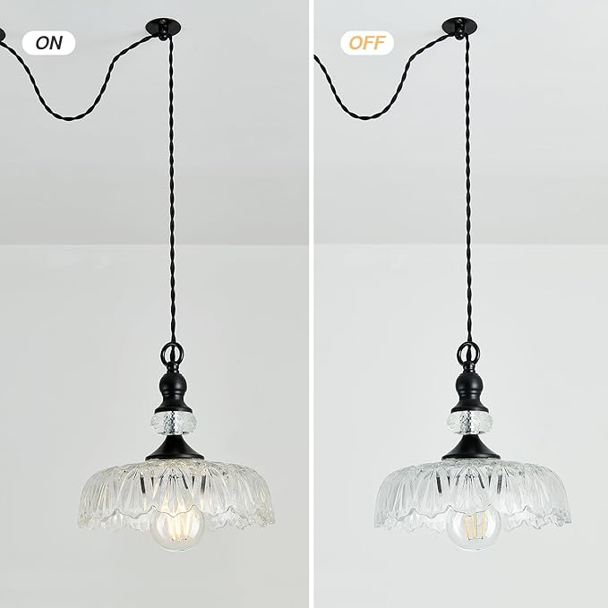 CVKASH Plug in Glass Pendant Light Fixture Black Vintage Adjustable Chandelier Hanging Ceiling Light for Farmhouse Hallway Bedroom Foyer Kitcken Dining Room Island.