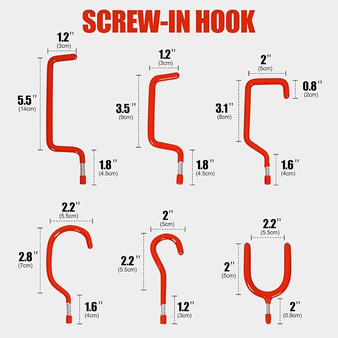 Garage Hooks Heavy Duty, 12-Pack Mixed Utility Garage Hooks, Wall Mounted Steel Tool Hangers for Garage Wall Organizer, Hold Ladders Tools Bikes (Red, 6 Type & 12 Pack)