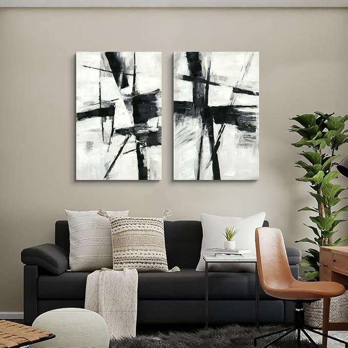 Black and White Abstract Wall Art: Modern Textured Painting Black & White Stroke Graffiti Canvas Picture Prints Contemporary Large Artwork for Bathroom