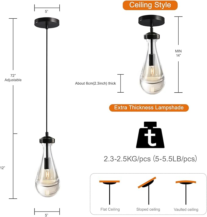 Raindrop Pendant Light Set of Two, Black Pendant Lights Kitchen Island, Pendant Lighting Tear Drops Pendant Light Fixtures, Pendant Lights for Kitchen Island Bedroom Bathroom, Included Bulb