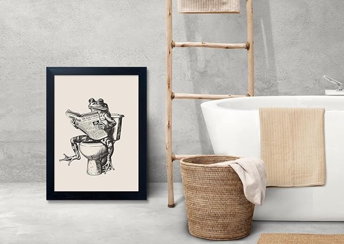Bathroom Decor Wall Art, Funny Animal Bathroom Wall Art, Frog on Toilet Reading Newspaper Canvas Painting, Frog Art Print Pictures for Wall Decoration