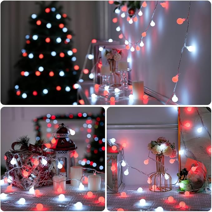 JMEXSUSS Globe String Lights, Red and White Christmas Lights, 100 LED Plug