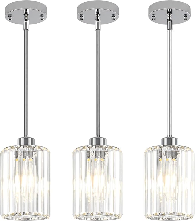 Chrome Pendant Lights,3 Pack Crystal Pendant Lighting for Kitchen Island, Modern Mini Kitchen Chandeliers Hanging Pendant Lights for Bedroom Dining Room Hallway