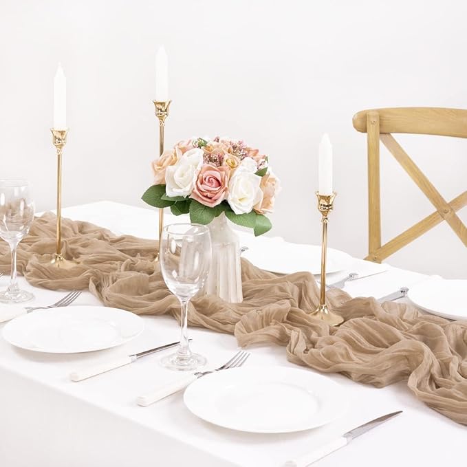 MLMC 12 Pack Nude Cheesecloth Table Runner 10ft Boho Rustic Gauze Taupe Cheese Cloth Table Runner Neutral Decor 35x120 Inches for Reception Wedding Bridal Shower Party Decor