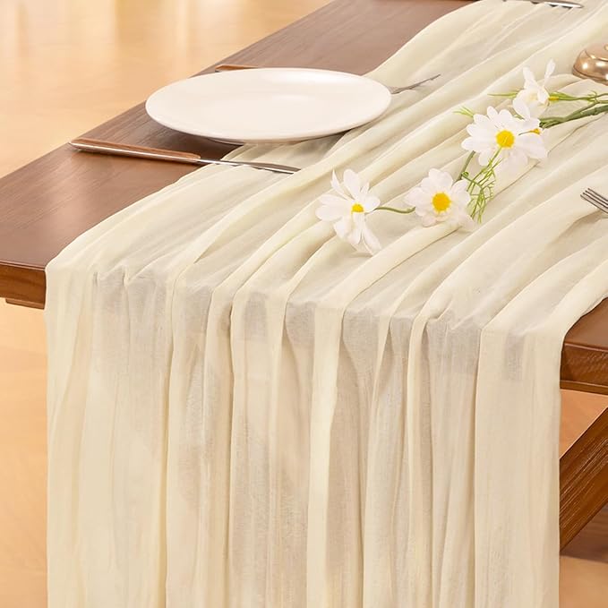 Socomi 3pcs Beige Valentine's Day Cheesecloth Table Runner Boho Rustic Gauze 120 inch 10FT Cheese Cloth Runner for Wedding Party Baby Shower Birthday Home Decor Holiday Decorations