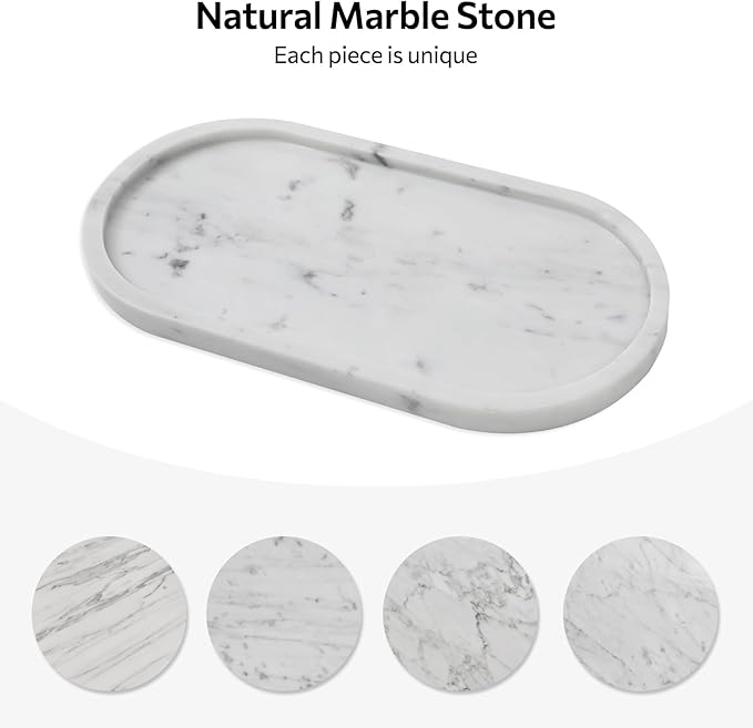 Carrara White Marble Tray, 2 Pcs, Marble Vcnity Tray, Bathroom, Decor for Trinket Perfume Jewelry Candle, 12 Inch Oval