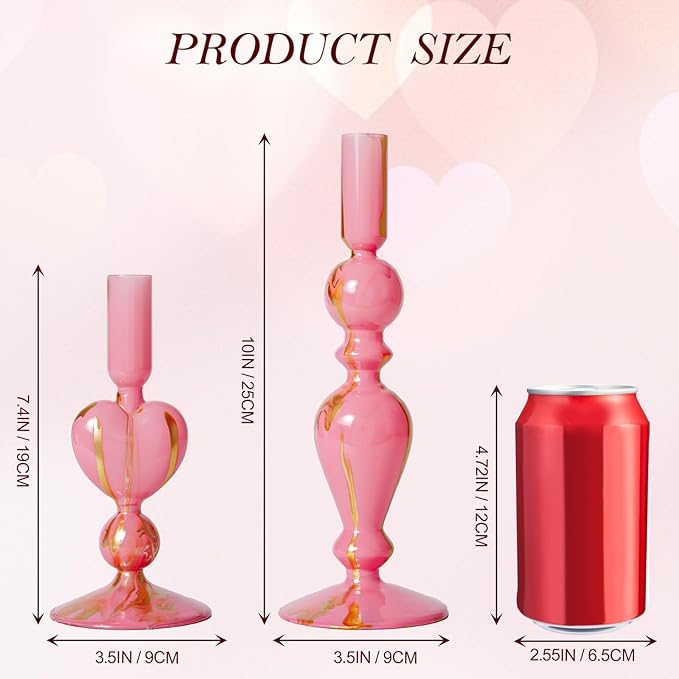 DN DECONATION Pink & Gold Glass Candle Holders Set of 2, Heart Taper Candle Holders for Valentine's Day, Candlestick Holder Wedding Decorations, Farmhouse Home Coffee Table Decor & Housewarming Gifts