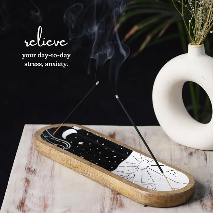 The Art Box Hand-Painted Incense Burner Holder White Black - 12x4x1 inch Wooden Long Incense Stick Tray Holder for Modern Gift, Ash Catcher Incense Stick Holder - Meditation & Yoga