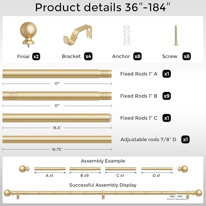 Extra Long Gold Curtain Rod, 1 Inch Adjustable Heavy Duty Curtain Rods for Windows 120 to 170 Inch, Decorative Modern Window Treatment Rods, Splicing Metal Drapery Pole, Easy Installation