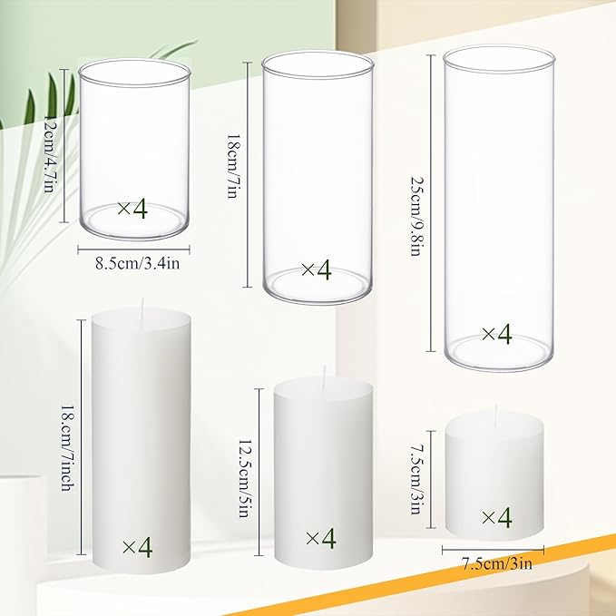 Shihanee Set of 12 Pillar Candles and Glass Cylinder Vases Clear Cylinder CandleHolders for Slim Pillar Candles Wedding Centerpieces(3.4''x 4.7'', 7'', 9.8'',White)