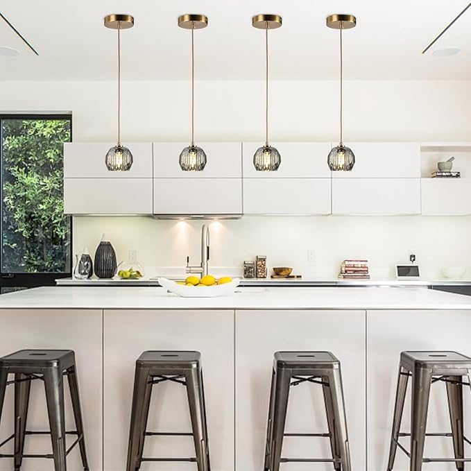 Modern Pendant Lighting, Smoke Crystal Small Pendant Light Fixture for Kitchen Island, Brushed Brass Ceiling Light Single Pendant Light for Dining Room Bathroom
