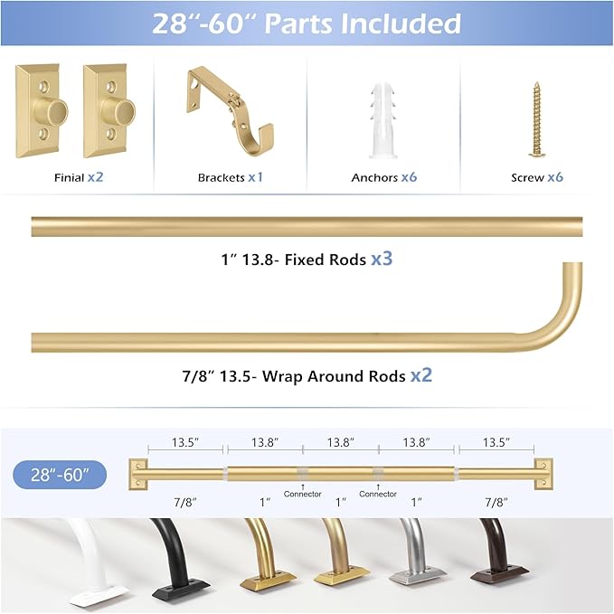 Gold Wrap Around Curtain Rods for Windows 28 to 60:Blackout Heavy Duty Adjustable Curtain Rod Room Darkening Modern Industrial Curved French Return Metal Drapery Rods Easy Install Brass Gold