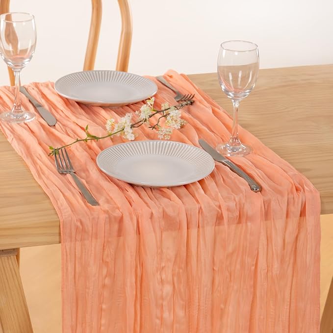 MLMC Peach Pink Cheesecloth Valentines Table Runner 10ft Sheer Gauze Coral Cheese Cloth Table Runner Spring Dinning Decoration 35x120 Inches for Easter Wedding Bridal Baby Shower Party Decor