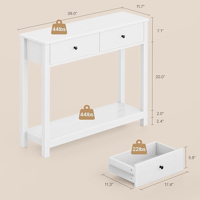 Gizoon Console Table with Drawers, Sofa Table with Storage Shelves, 2-Tier Wooden Entryway Table for Living Room, Kitchen, Hallway, Foyer, White