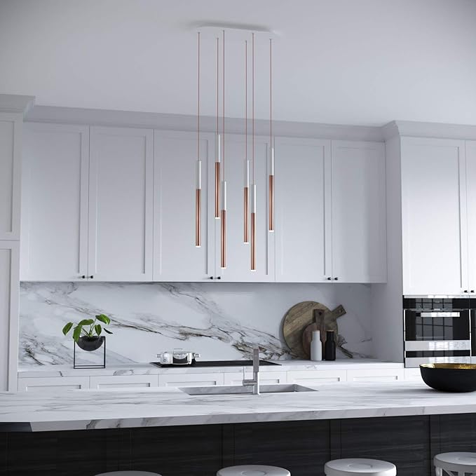 ALTAIR 6 Mini Pendant Lighting White-Copper - LED Hanging Light Fixture for Kitchen Island, Bar, Foyer - Cluster Pendants - Dimmable, Adjustable Wire, Lamp Bulb Included