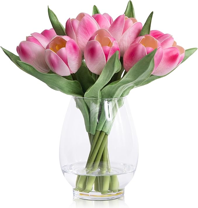 WELL KNOWN 12 Pcs Fake Tulips Artificial Pink Flowers in Vase with Faux Water, Real Touch Foam Tulips Arrangements with Vase for Home Office Decor, Dining Table Wedding Centerpiece Gift (Fuchsia)