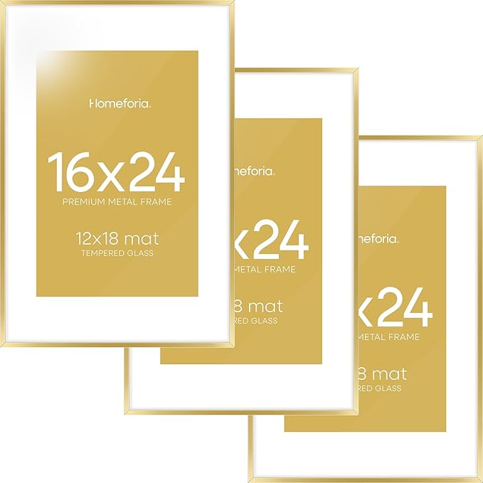 Homeforia 16 x 24 Picture Frame Gold, High End Metal 16x24 Poster Frames with Mat 12x18 Photo, 16 x 24 Gold Frame Matted to 12 by 18 Print, 24x16 Thin Hanging Frame, Tempered Glass, Wall Kit, Set of 3