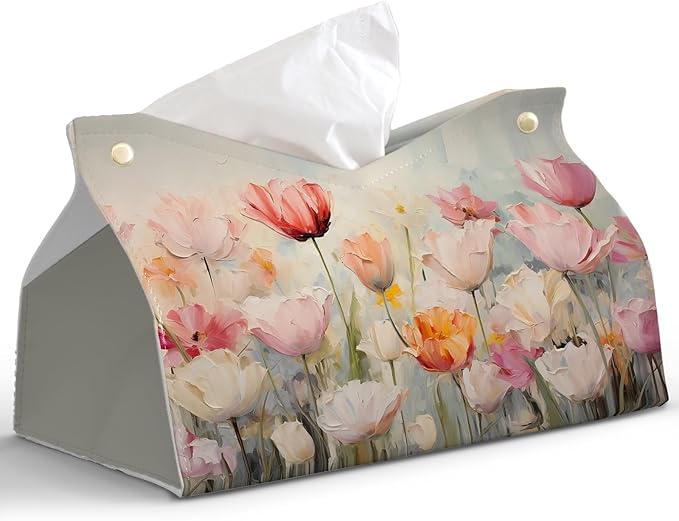 Spring Floral Leather Tissue Box Cover Rectangle, Tulip Flower Toilet Paper Box Holder,Flower Decorative Facial Paper Case for Farmhouse Living Room Bathroom Kitchen Office Desk,9.8x5.9x5.9In