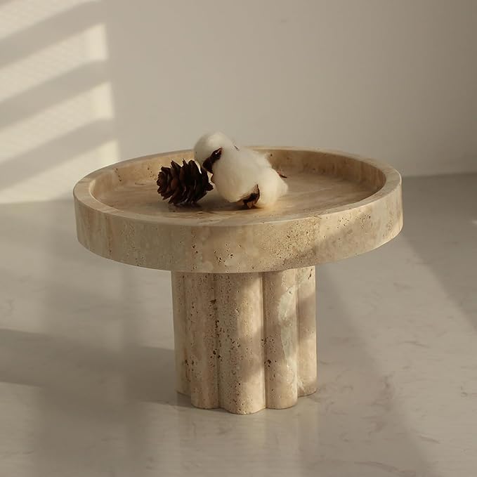 Natural Travertine Tray with Leg, Round 7.1" Vanity Decorative Tray for Countertop Organizer, Catchall Tray for Perfume, Candles, Jewelry Dish