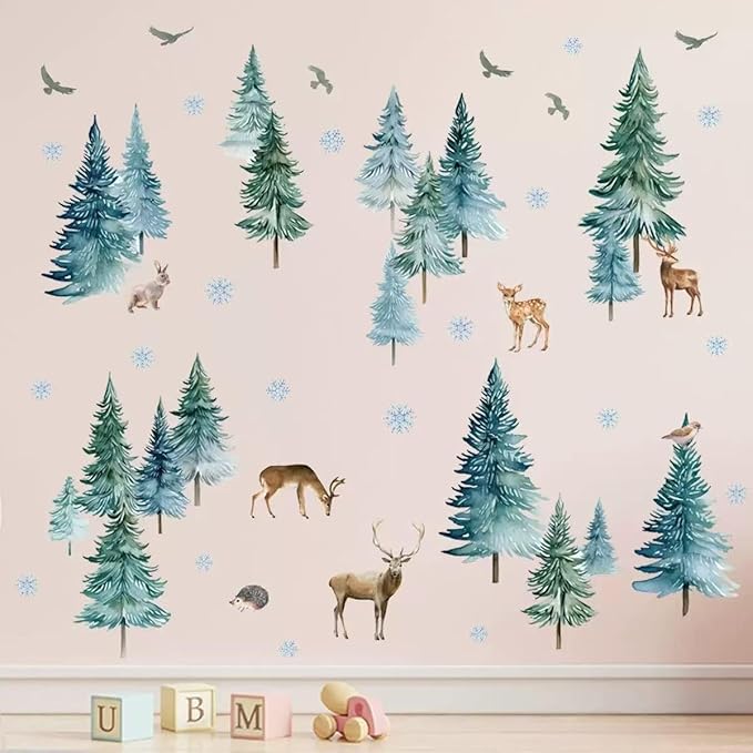 Large Christmas Tree Wall Stickers， Pine Tree Forest Deer Elk Kids Bedroom Holiday Decor，Xmas Snowflakes Woodland Animals Birch Birds for Nursery Living Room Offices Home Bedroom
