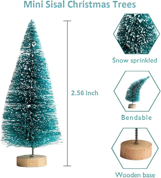 Artificial Mini Sisal Christmas Trees Snow Frost with Wooden Bases for Home Party Decoration Ornament DIY Craft (Blue-Green, 20 pcs)