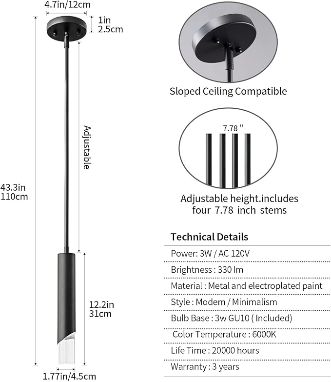 Modern Pendent Lights in Kitchen, Black Mini Pendant Light Bedroom Bedside Table Small Chandelier, Metal Rod Ceiling Pendant Lighting for Kitchen Island Bedroom Restaurant bar (3-Pack)