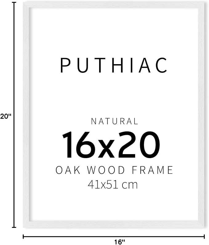 puthiac 16x20 White Picture Frames for Wall - Minimalist 16x20 Oak Wood Frames, 16"x20" Picture Frame Wood, Natural Solid Wooden Picture Frames for Wall Art Photo and Prints (1 Pack, White)