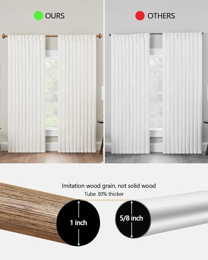 Wood Curtain Rods for Windows 32 to 45 Inch, 1 Inch Adjustable Curtain Rod Decoration Boho Drapery Rods Heavy Duty, Farmhouse Rustic with Imitation Wood Grain Finials