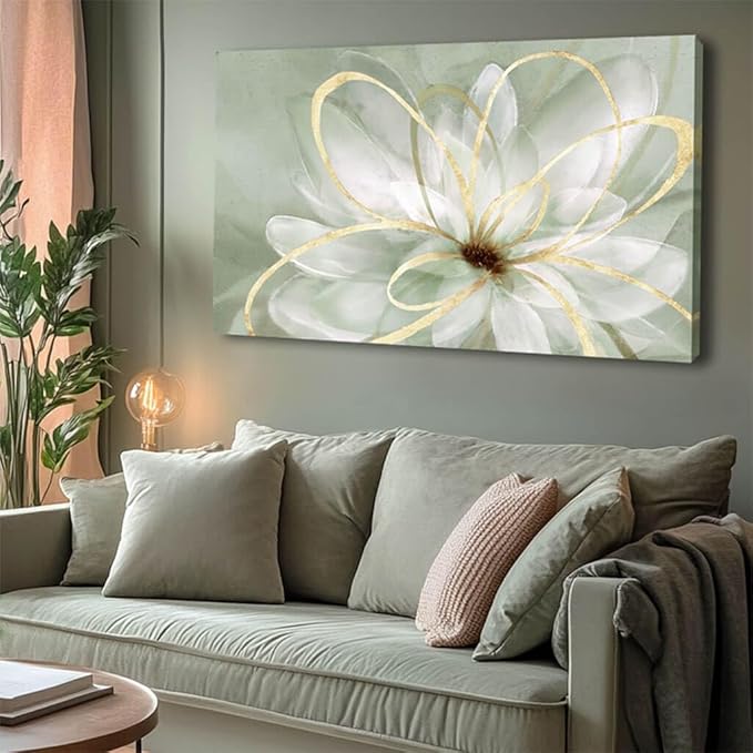 Artexist Flower Wall Decor White Blossom Plant Gold Line Canvas Painting Modern Hand Painted Wall Art for Living Room Bedroom Office 29x58 Inch