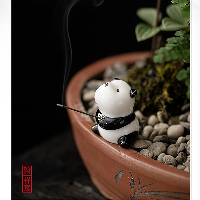Handmade Ceramic Panda Incense Holder | Extra-Long Bamboo Mat & Sandalwood Sticks | Zen Home Decor | Yoga & Meditation Essentials (Panda)